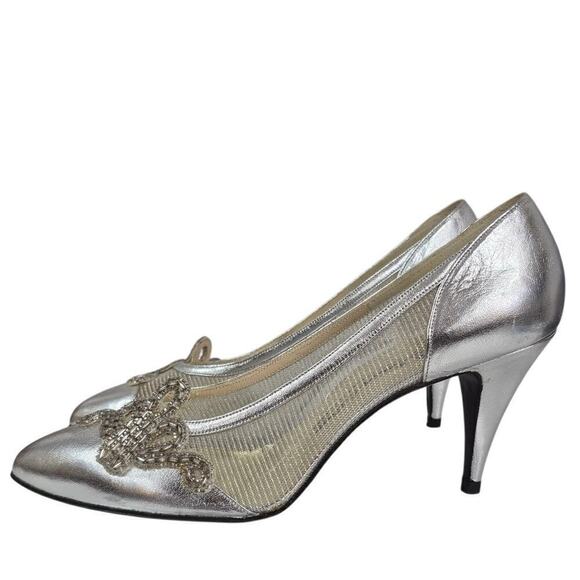 VTG NEW 80s Stuart Weitzman for Bianca Las Vegas Silver Mesh Pumps Sz 7.5AA - Picture 2 of 7